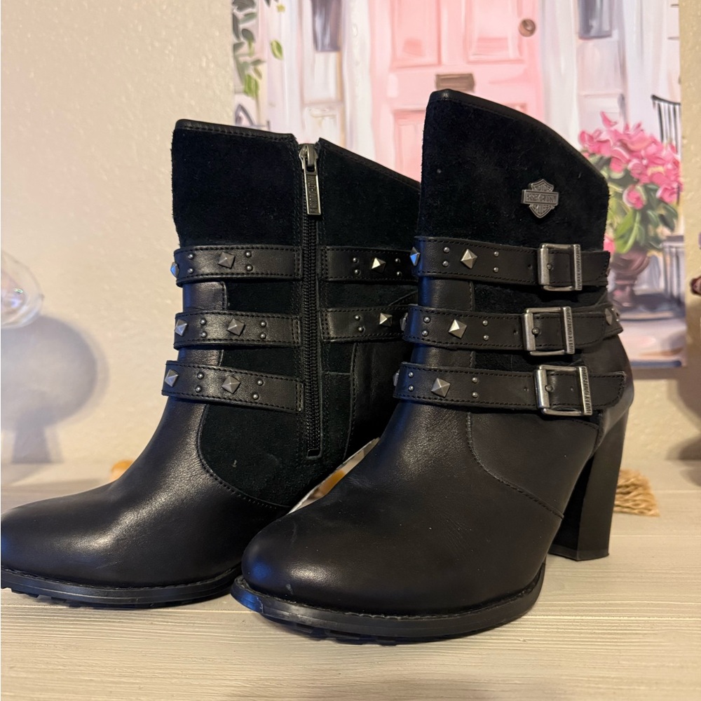 Harley-Davidson Black Studded Triple-Buckle Leather & Suede Ankle Boots